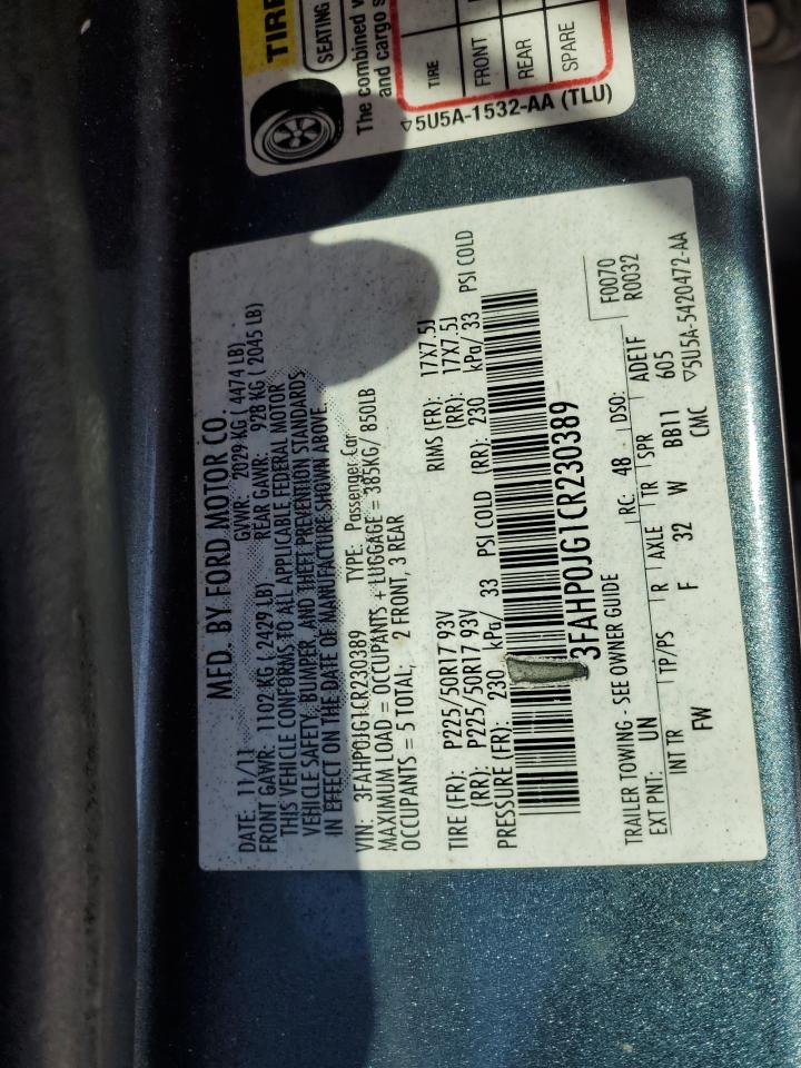 2012 Ford Fusion VIN 3FAHP0JG1CR230389 Copart auction photo, rear end damage thumbnail 12