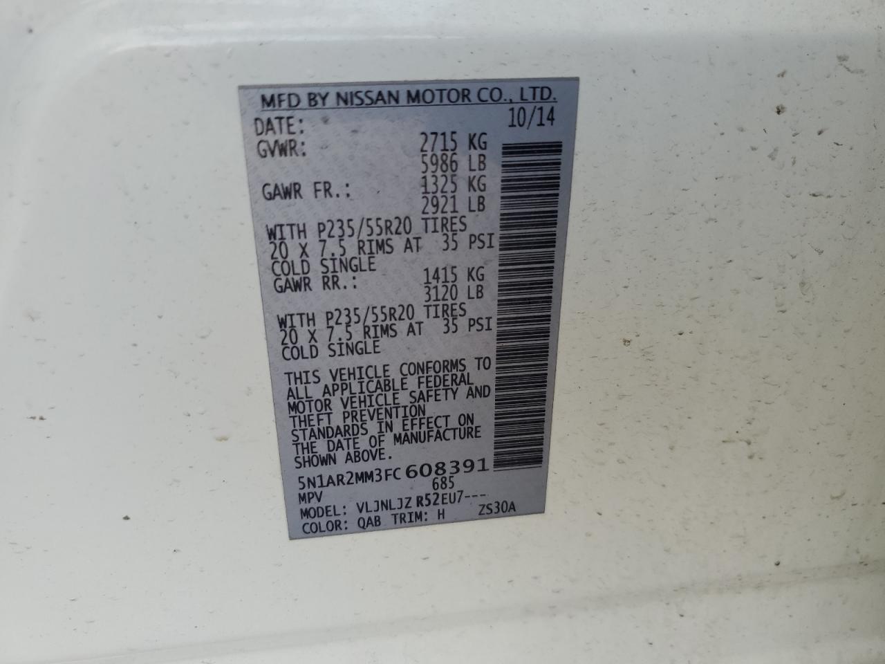 2015 Nissan Pathfinder VIN 5N1AR2MM3FC608391 Copart auction photo, front end / minor dent/scratches damage thumbnail 15