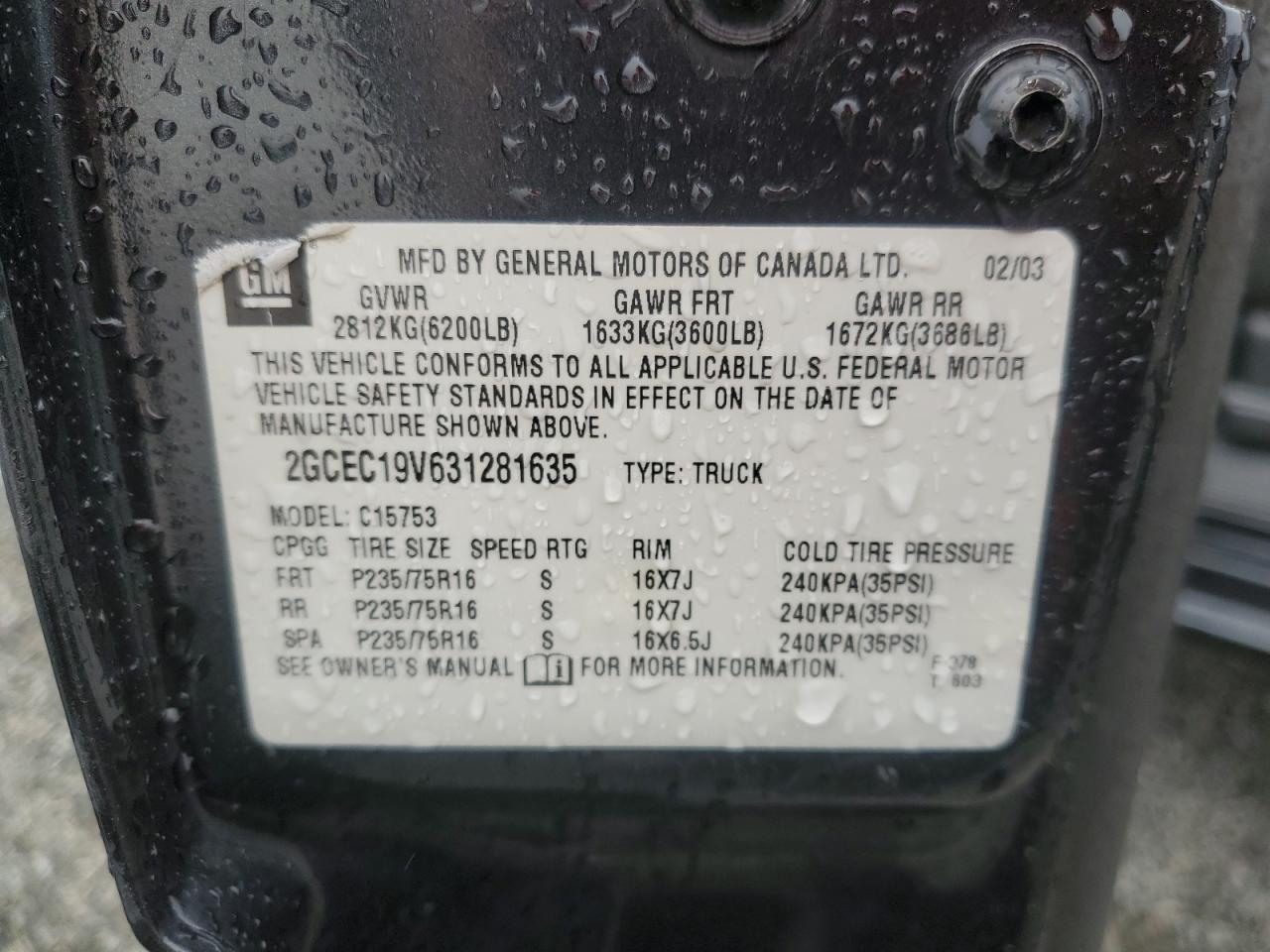 2003 Chevrolet Silverado VIN 2GCEC19V631281635 Copart auction photo, all over damage thumbnail 12