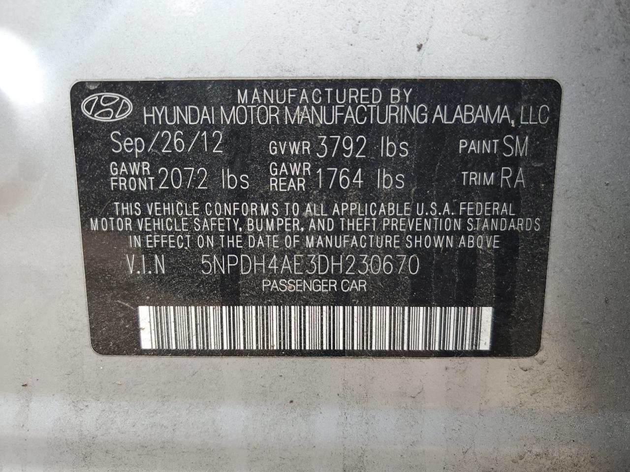 2013 Hyundai Elantra VIN 5NPDH4AE3DH230670 Copart auction photo, vandalism damage thumbnail 12