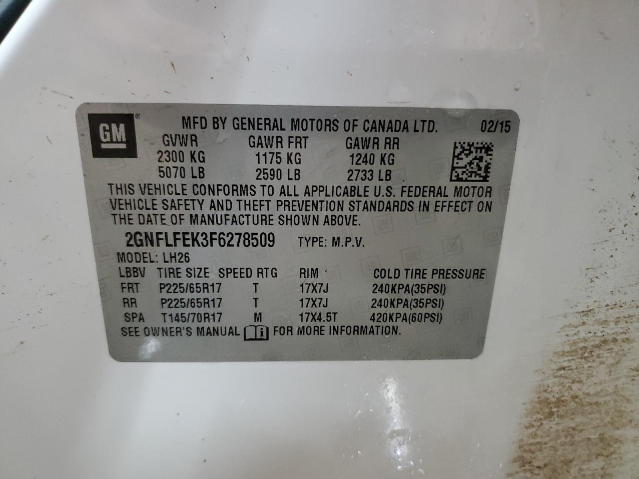 2015 Chevrolet Equinox VIN 2GNFLFEK3F6278509 Copart auction photo, rear end / minor dent/scratches damage thumbnail 14