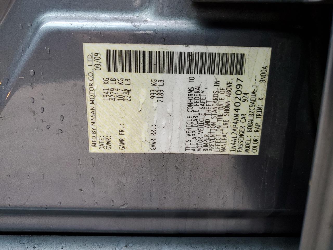 2010 Nissan Altima VIN 1N4AL2AP4AN402097 Copart auction photo, front end damage thumbnail 12