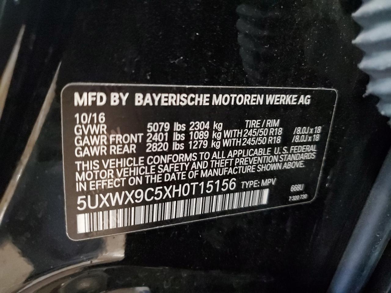 2017 BMW X3 VIN 5UXWX9C5XH0T15156 Copart auction photo, rear end damage thumbnail 13