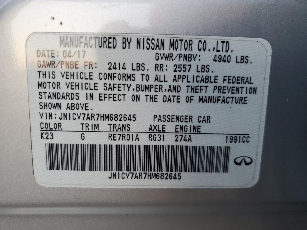 2017 Infiniti Q50 VIN JN1CV7AR7HM682645 Copart auction photo, front end / vandalism damage thumbnail 12