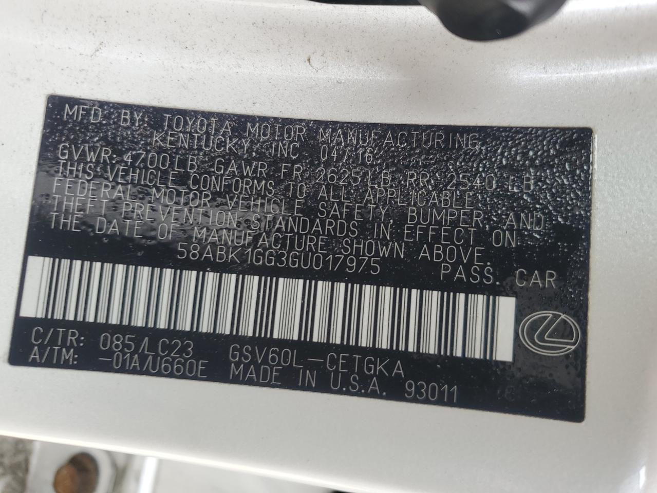2016 Lexus ES VIN 58ABK1GG3GU017975 Copart auction photo, side / minor dent/scratches damage thumbnail 12
