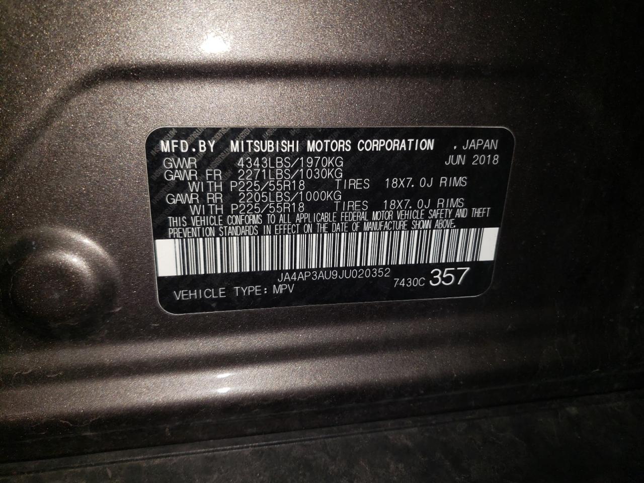 2018 Mitsubishi Outlander VIN JA4AP3AU9JU020352 Copart auction photo, vandalism damage thumbnail 12