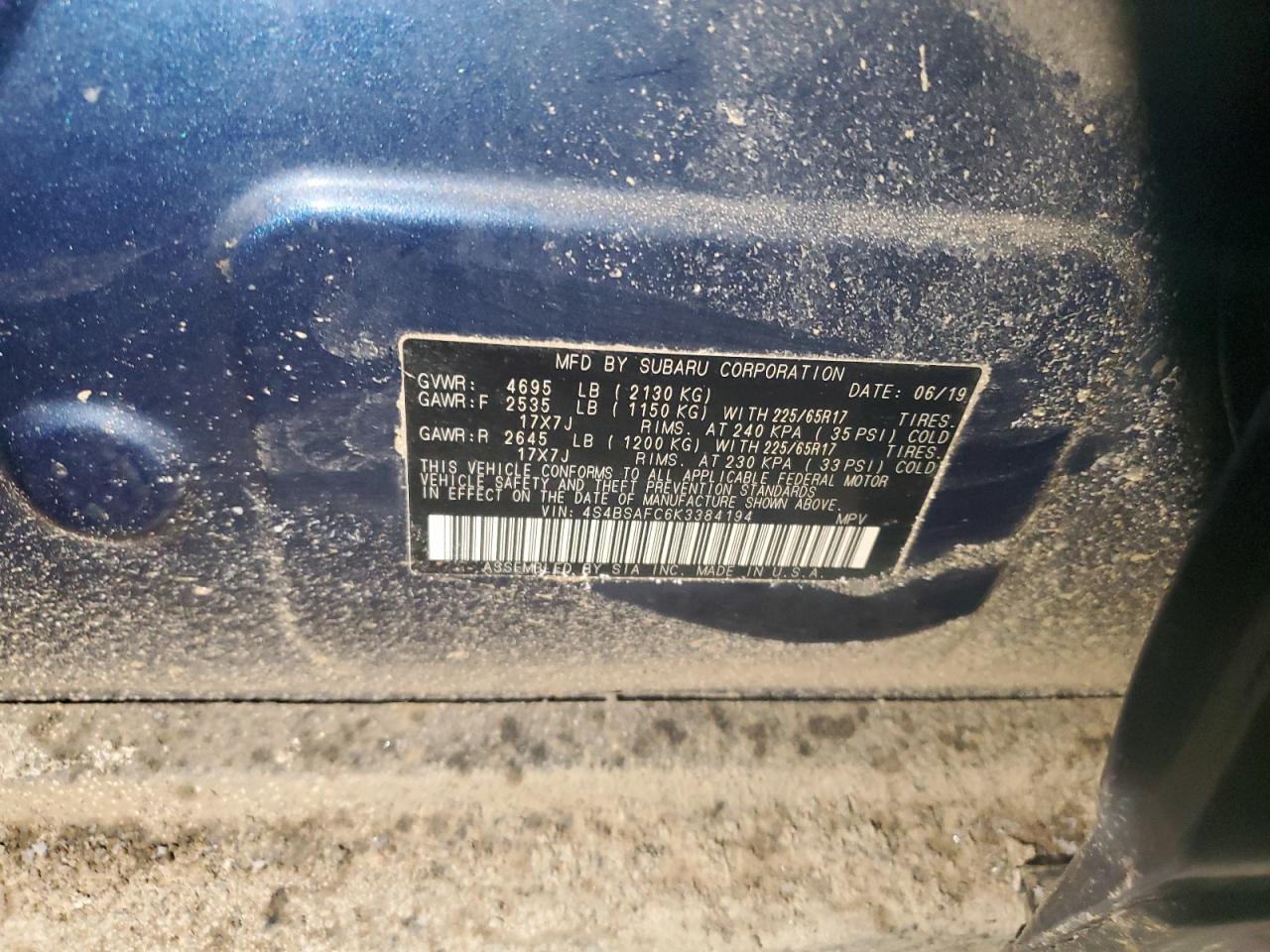 2019 Subaru Outback VIN 4S4BSAFC6K3384194 Copart auction photo, rear end / front end damage thumbnail 14