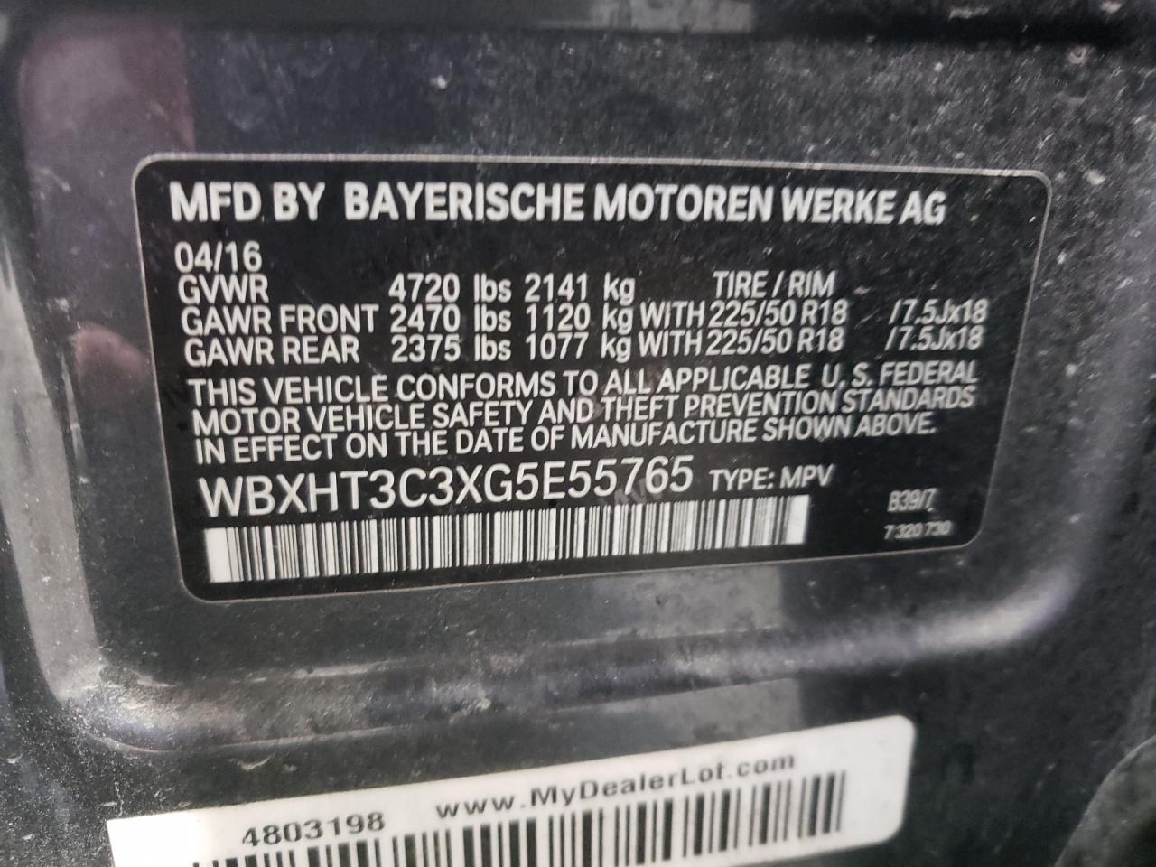 2016 BMW X1 VIN WBXHT3C3XG5E55765 Copart auction photo, front end / minor dent/scratches damage thumbnail 13