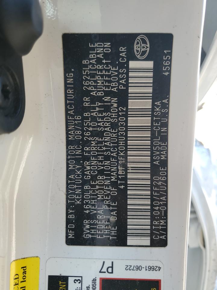 2017 Toyota Camry VIN 4T1BF1FK0HU303012 Copart auction photo, all over damage thumbnail 13