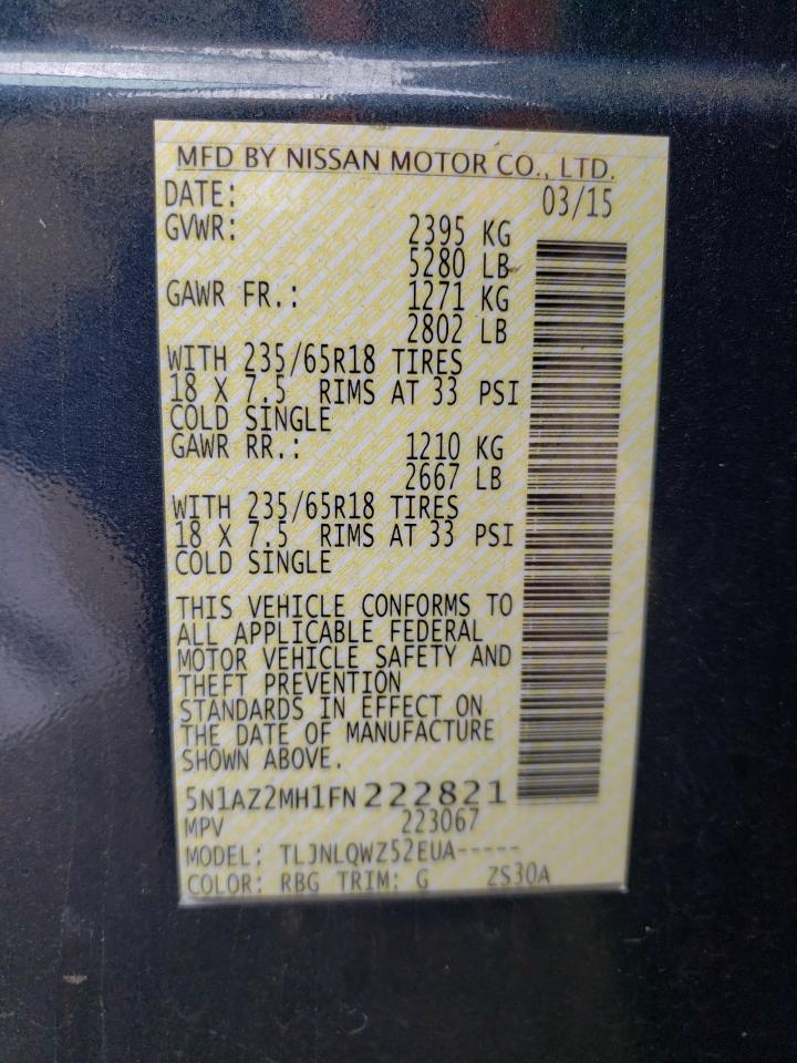 2015 Nissan Murano VIN 5N1AZ2MH1FN222821 Copart auction photo, front end / side damage thumbnail 16