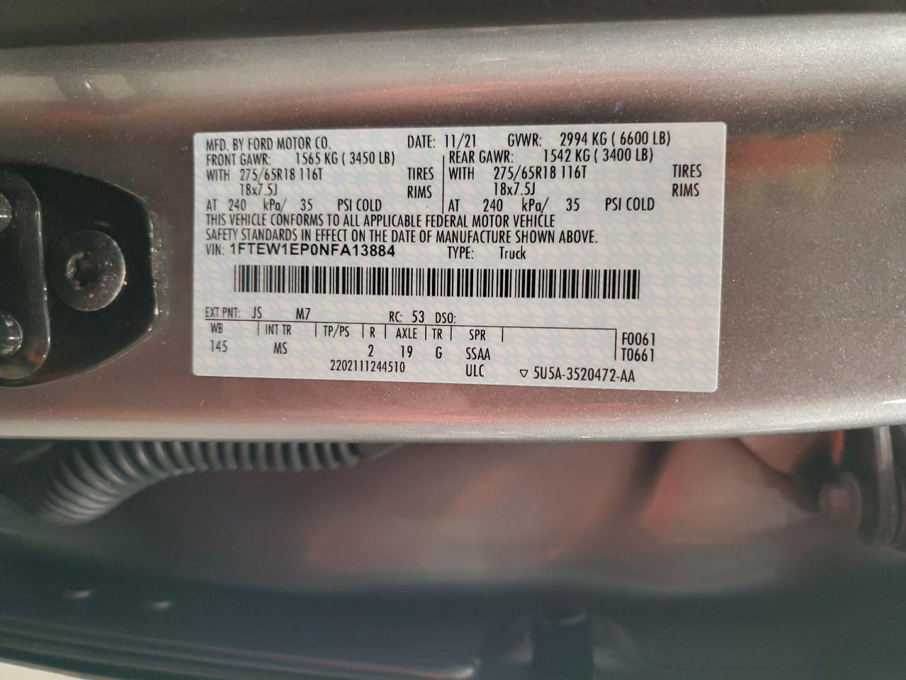 2022 Ford F-150 VIN 1FTEW1EP0NFA13884 Copart auction photo, front end damage thumbnail 12