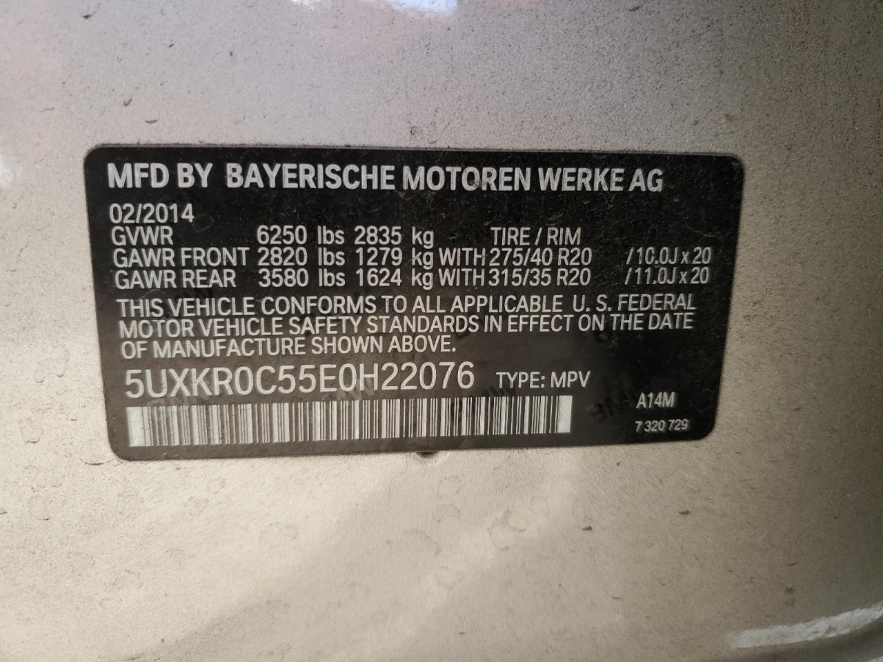 2014 BMW X5 VIN 5UXKR0C55E0H22076 Copart auction photo, rear end / side damage thumbnail 12