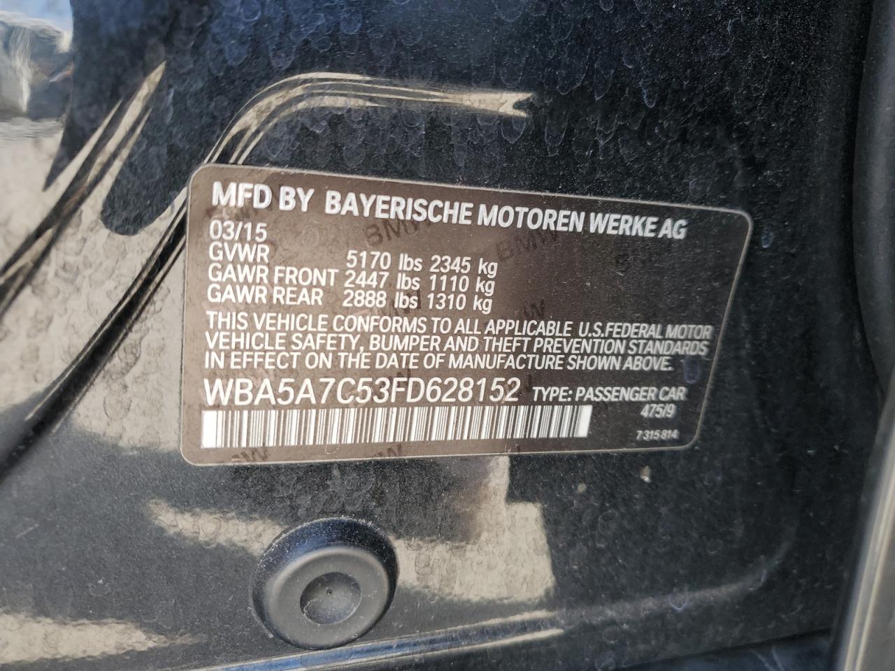 2015 BMW 5er VIN WBA5A7C53FD628152 Copart auction photo, front end damage thumbnail 13