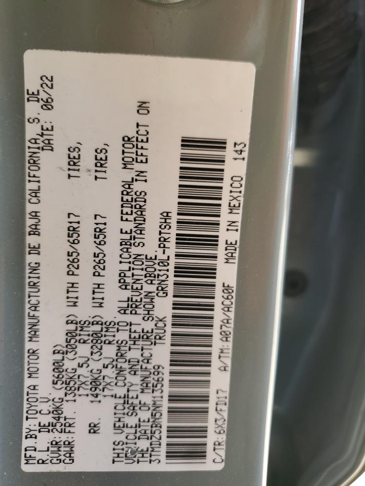 2022 Toyota Tacoma VIN 3TMDZ5BN5NM135699 Copart auction photo, front end / minor dent/scratches damage thumbnail 14