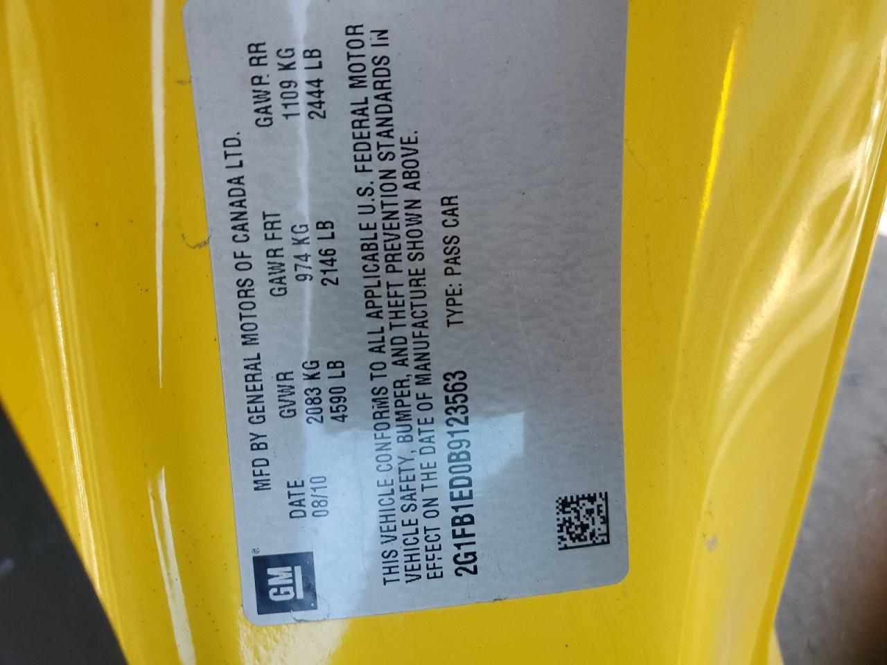 2011 Chevrolet Camaro VIN 2G1FB1ED0B9123563 Copart auction photo, side damage thumbnail 14