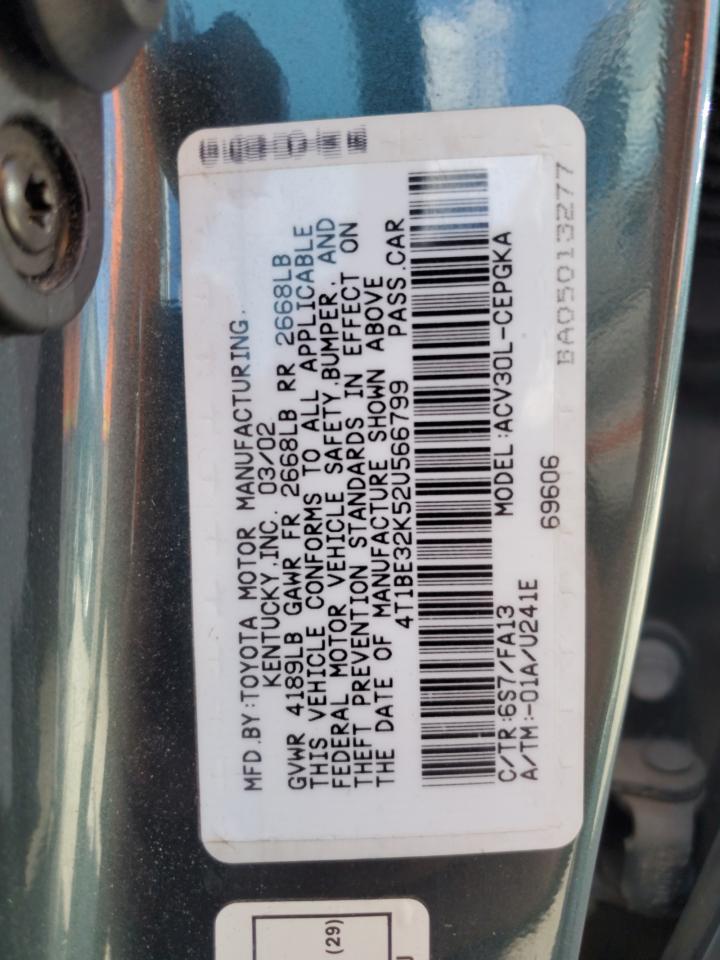 2002 Toyota Camry VIN 4T1BE32K52U566799 Copart auction photo, side damage thumbnail 13
