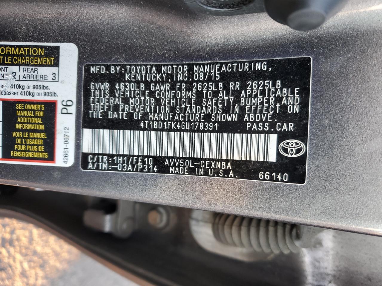 2016 Toyota Camry VIN 4T1BD1FK4GU178391 Copart auction photo, front end / minor dent/scratches damage thumbnail 14