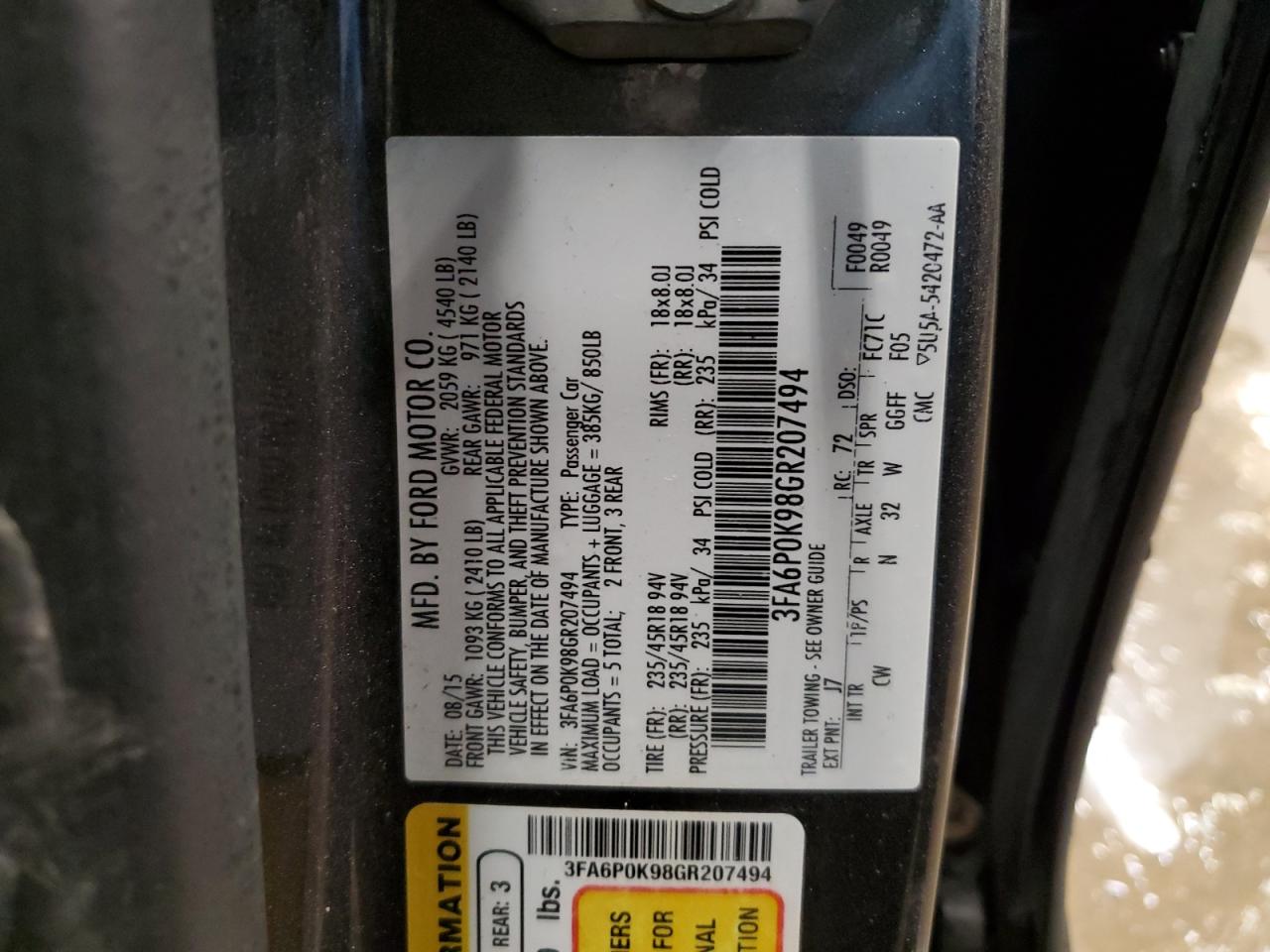 2016 Ford Fusion VIN 3FA6P0K98GR207494 Copart auction photo, front end damage thumbnail 13