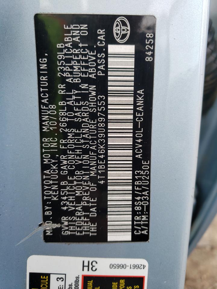 2009 Toyota Camry VIN 4T1BE46K39U897553 Copart auction photo, rear end / side damage thumbnail 12