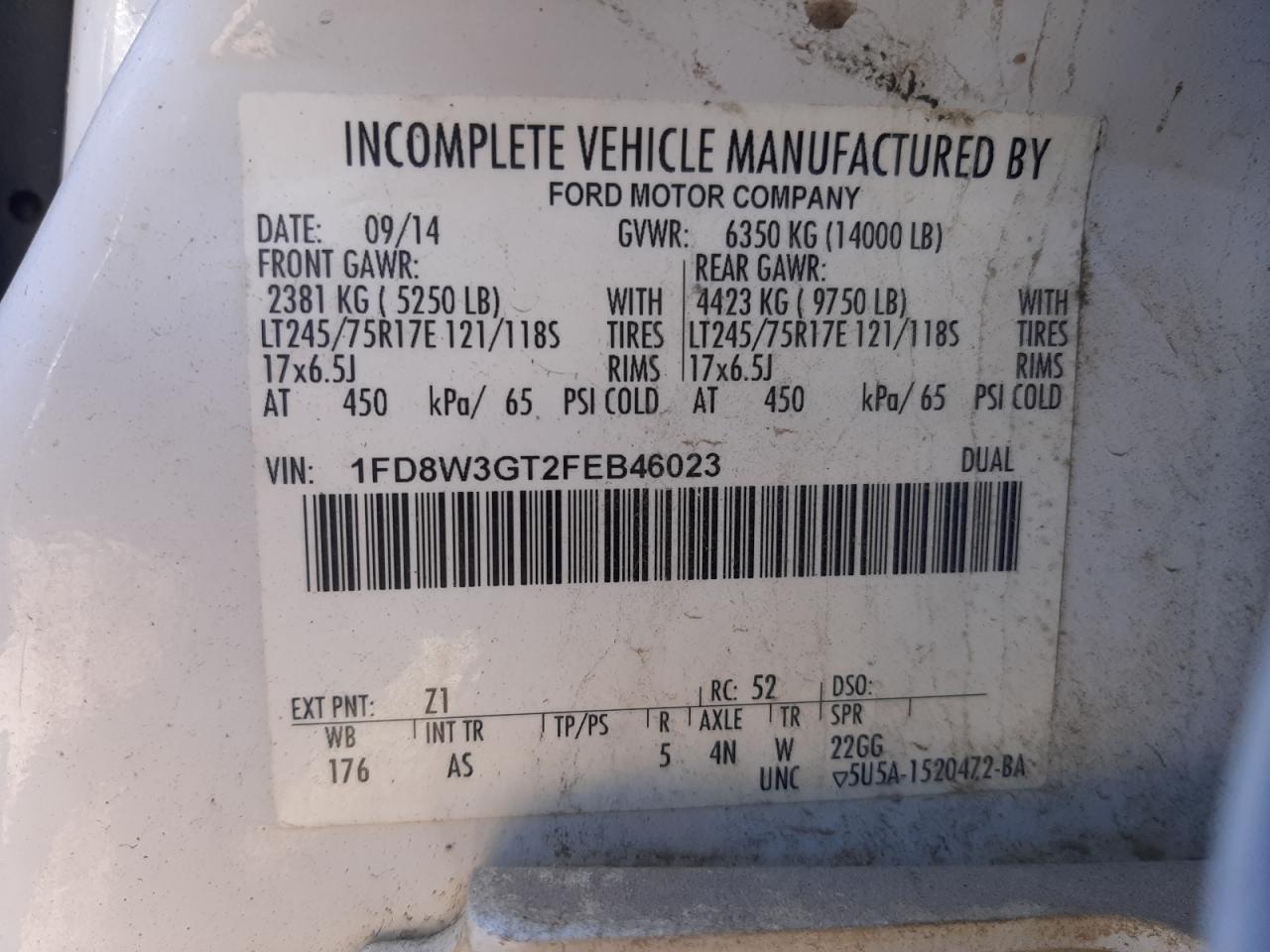 2015 Ford F350 VIN 1FD8W3GT2FEB46023 Copart auction photo, rear end / front end damage thumbnail 12