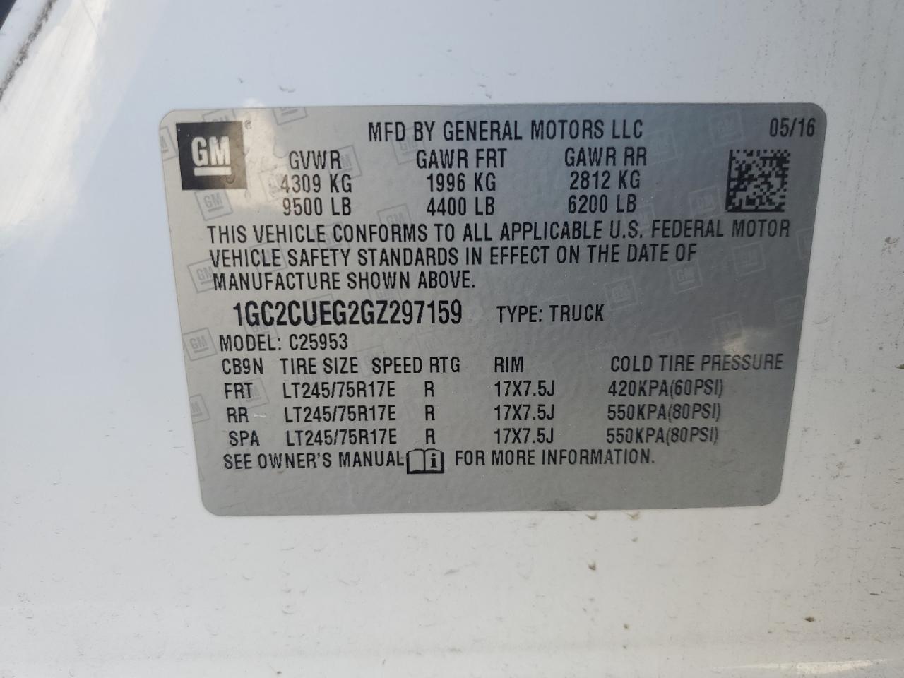 2016 Chevrolet Silverado VIN 1GC2CUEG2GZ297159 Copart auction photo, front end / rear end damage thumbnail 12