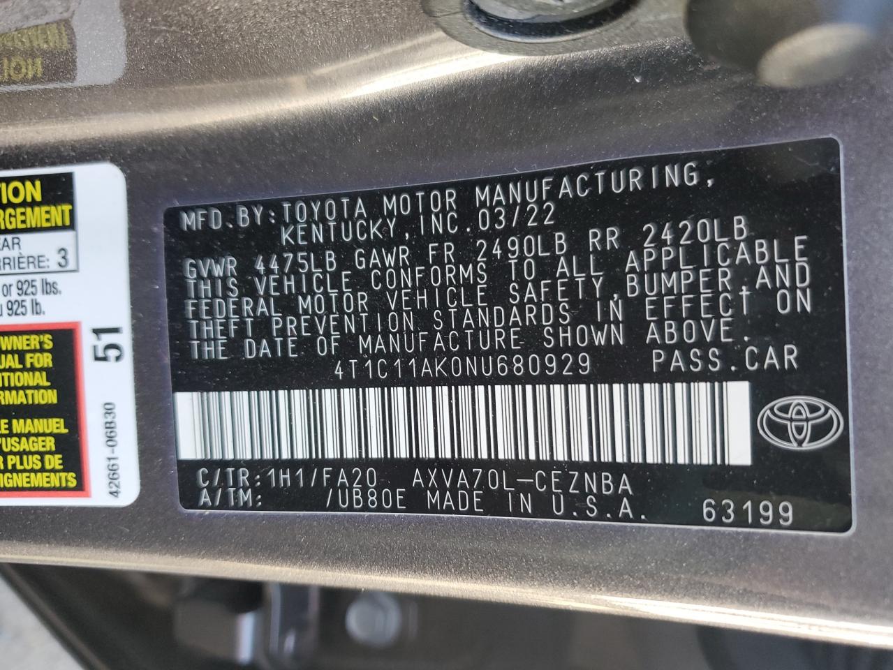2022 Toyota Camry VIN 4T1C11AK0NU680929 Copart auction photo, front end damage thumbnail 13