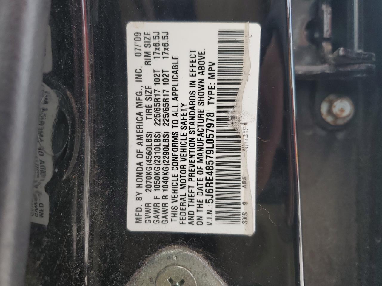 2009 Honda CR-V VIN 5J6RE48579L057978 Copart auction photo, front end damage thumbnail 16