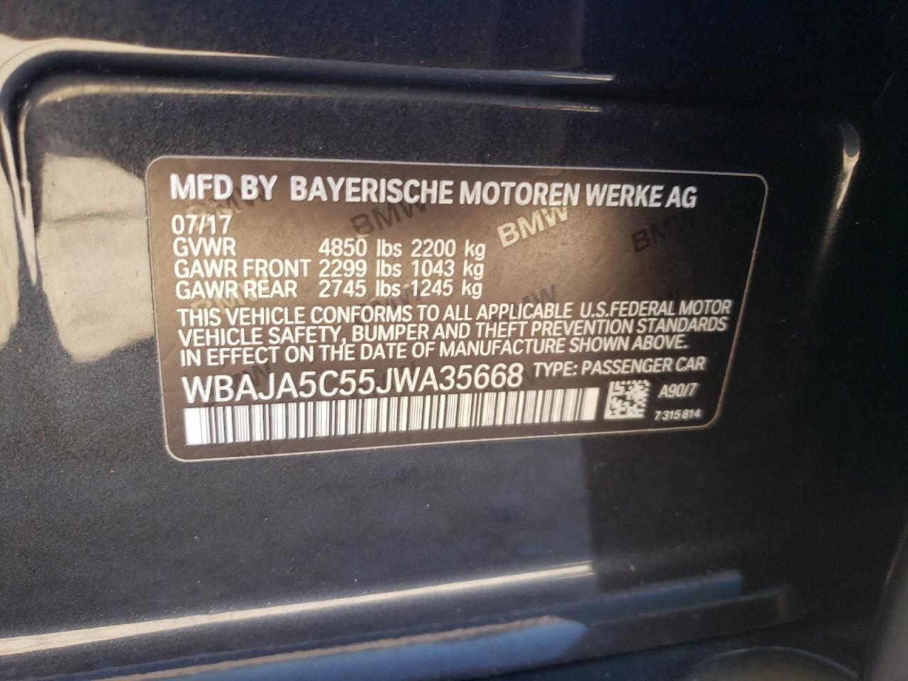 2018 BMW 5er VIN WBAJA5C55JWA35668 Copart auction photo, side damage thumbnail 14