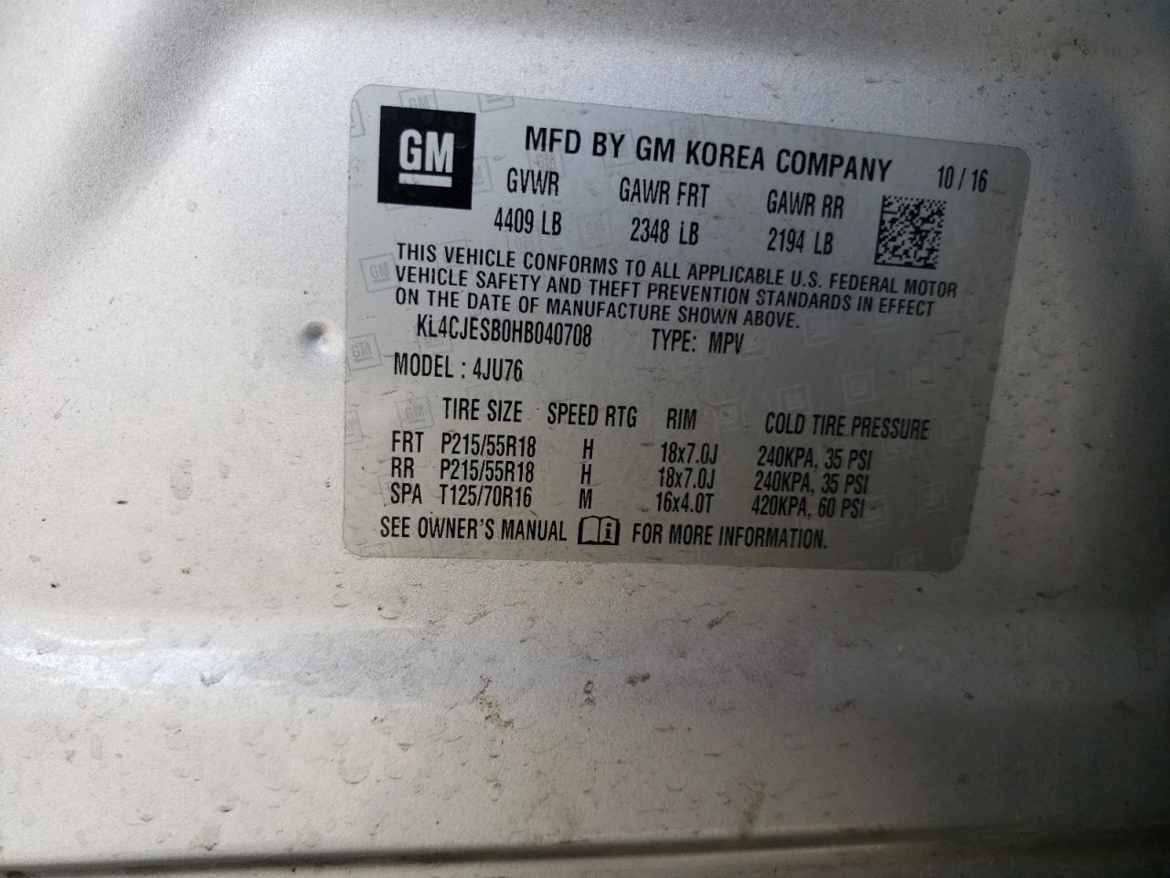 2017 Buick Encore VIN KL4CJESB0HB040708 Copart auction photo, front end / rear end damage thumbnail 13