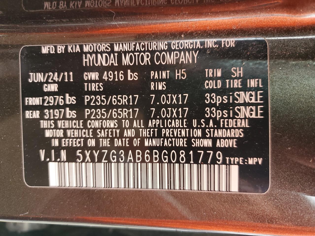 2011 Hyundai Santa Fe VIN 5XYZG3AB6BG081779 Copart auction photo, front end damage thumbnail 13