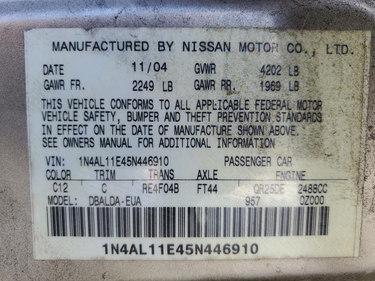 2005 Nissan Altima VIN 1N4AL11E45N446910 Copart auction photo, front end / rear end damage thumbnail 12
