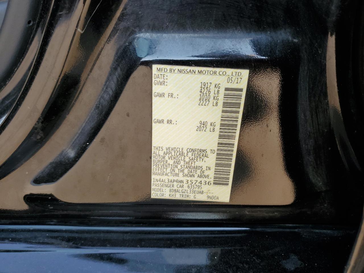 2017 Nissan Altima VIN 1N4AL3AP4HN357436 Copart auction photo, water/flood / all over damage thumbnail 13