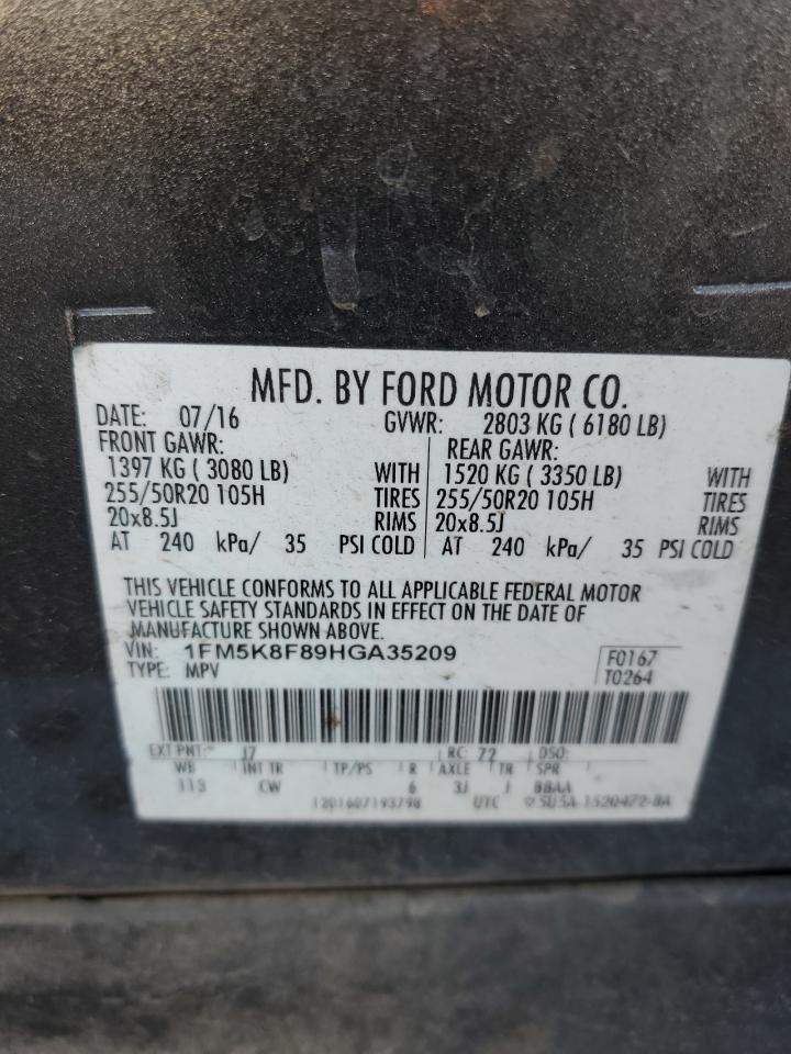 2017 Ford Explorer VIN 1FM5K8F89HGA35209 Copart auction photo, all over damage thumbnail 14