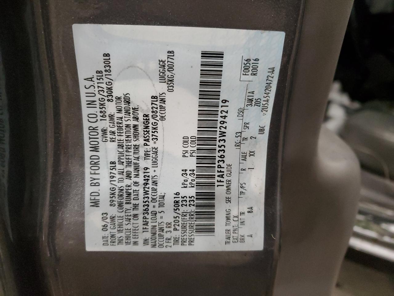 2003 Ford Focus VIN 1FAFP36353W294219 Copart auction photo, burn - engine / burn - interior damage thumbnail 13