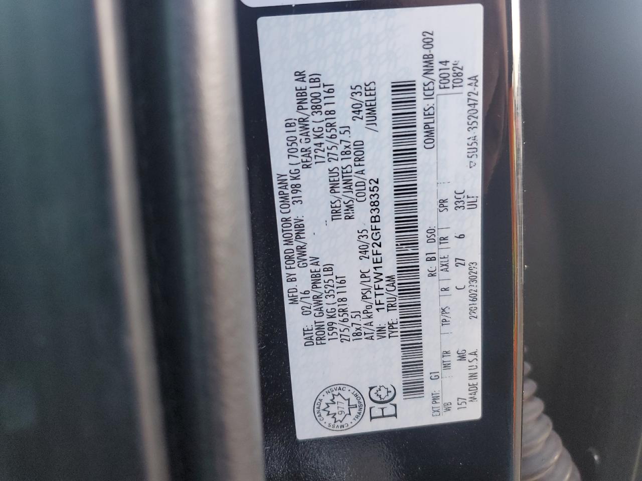 2016 Ford F-150 VIN 1FTFW1EF2GFB38352 Copart auction photo, mechanical / rear end damage thumbnail 12