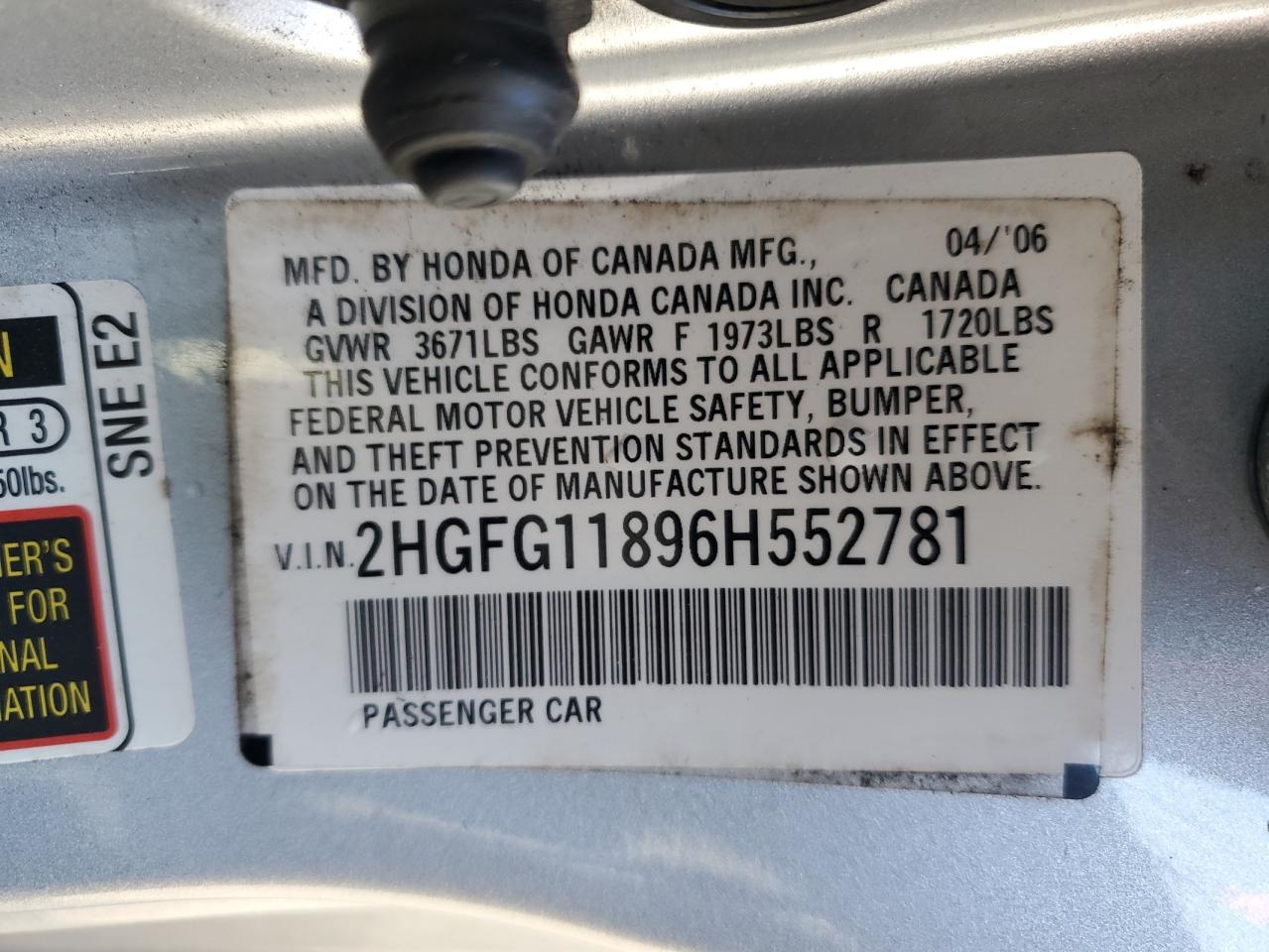 2006 Honda Civic VIN 2HGFG11896H552781 Copart auction photo, front end / side damage thumbnail 13