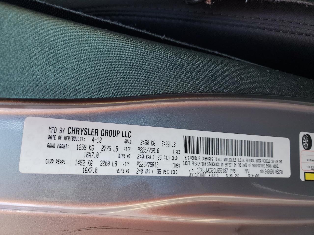 2013 Jeep Wrangler VIN 1C4BJWKG2DL652187 Copart auction photo, side / rear end damage thumbnail 13