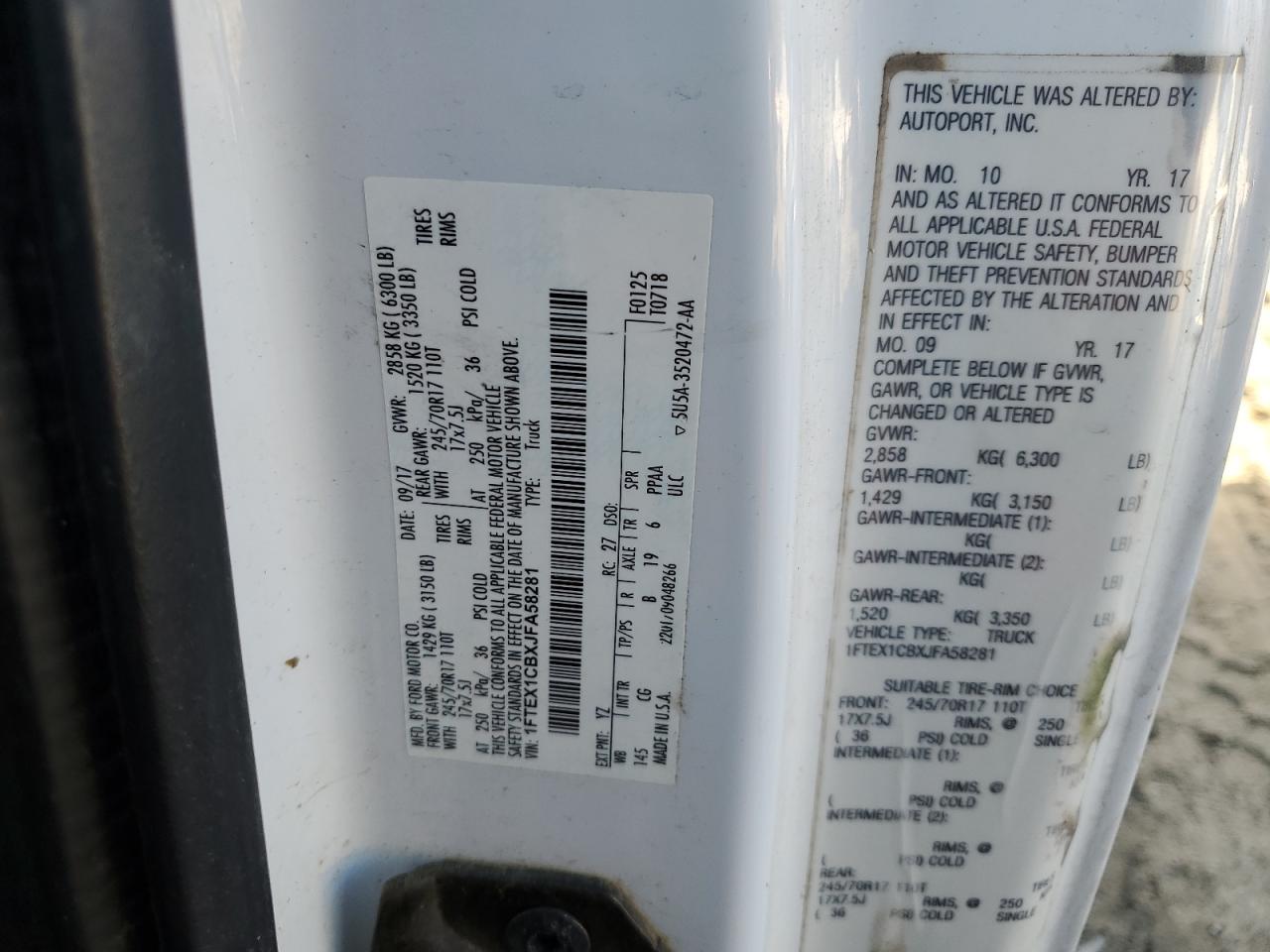 2018 Ford F-150 VIN 1FTEX1CBXJFA58281 Copart auction photo, front end damage thumbnail 12