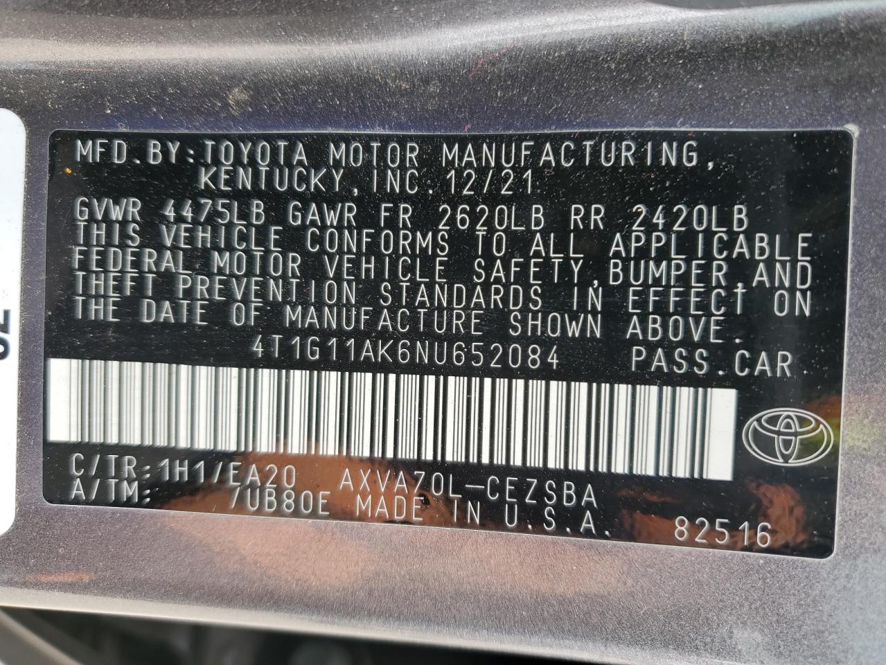 2022 Toyota Camry VIN 4T1G11AK6NU652084 Copart auction photo, front end damage thumbnail 12