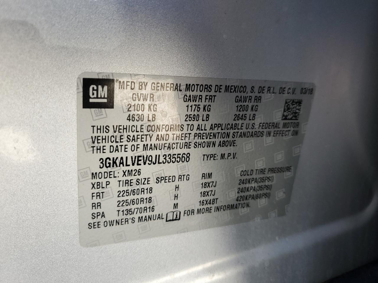 2018 GMC Terrain VIN 3GKALVEV9JL335568 Copart auction photo, rear end damage thumbnail 14