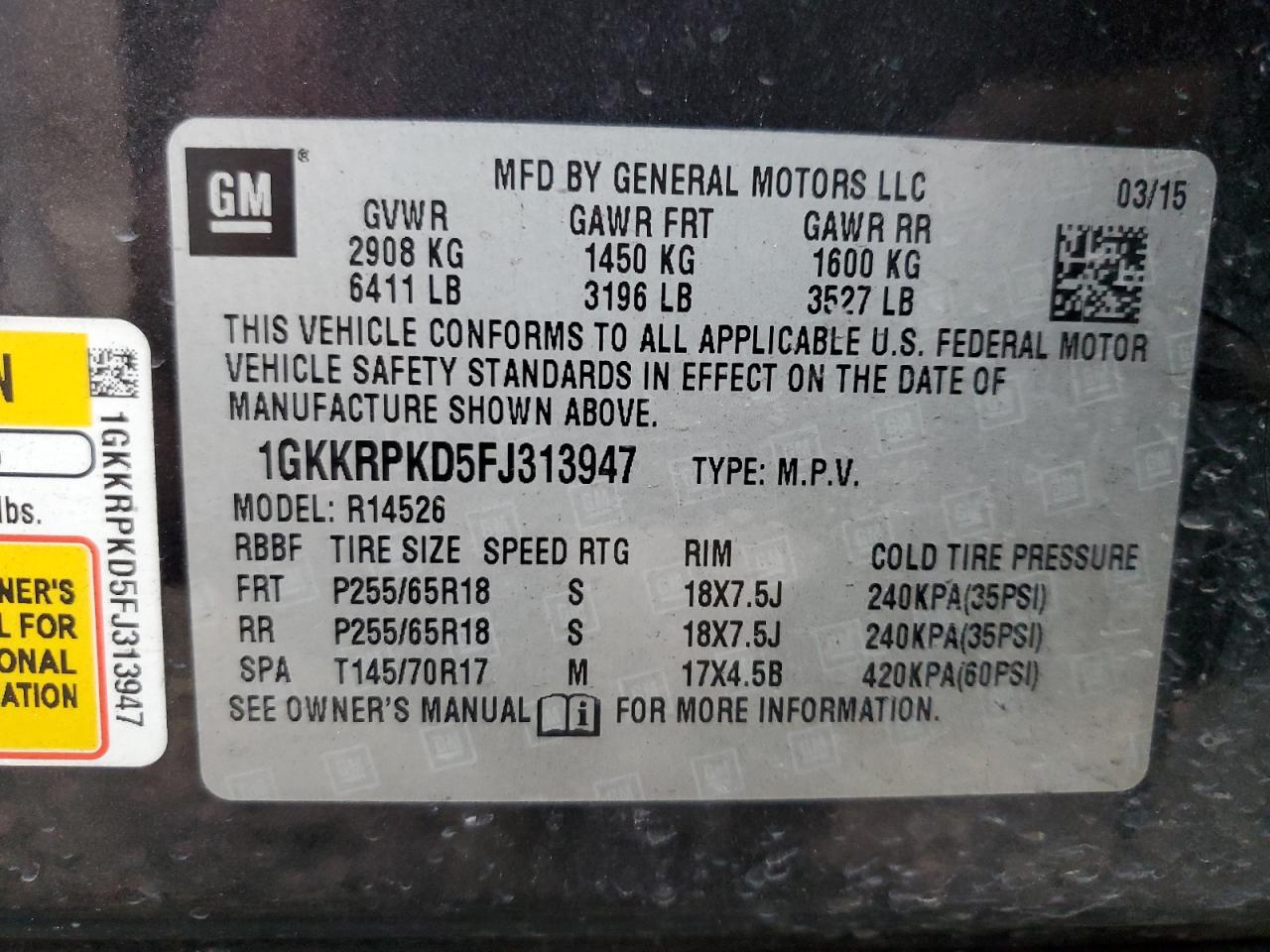 2015 GMC Acadia VIN 1GKKRPKD5FJ313947 Copart auction photo, front end / minor dent/scratches damage thumbnail 12
