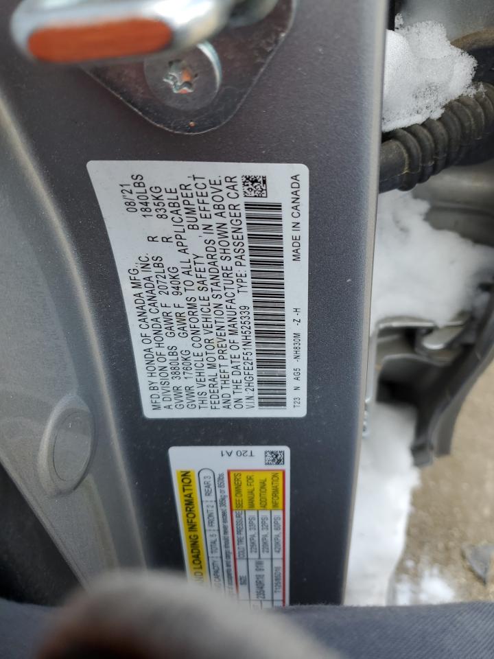 2022 Honda Civic VIN 2HGFE2F51NH525339 Copart auction photo, front end damage thumbnail 12