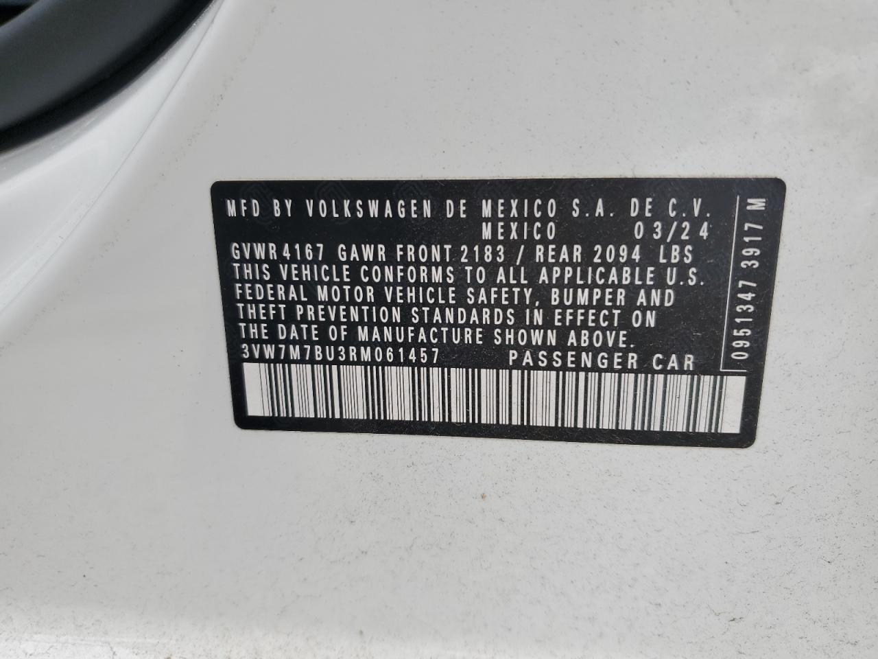 2024 Volkswagen Jetta VIN 3VW7M7BU3RM061457 Copart auction photo, rear end damage thumbnail 13