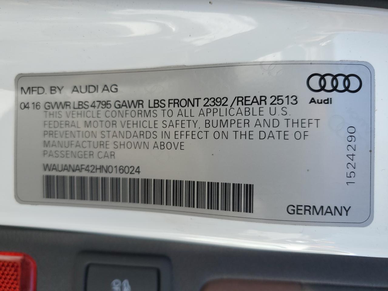 2017 Audi A4 VIN WAUANAF42HN016024 Copart auction photo, front end / side damage thumbnail 12