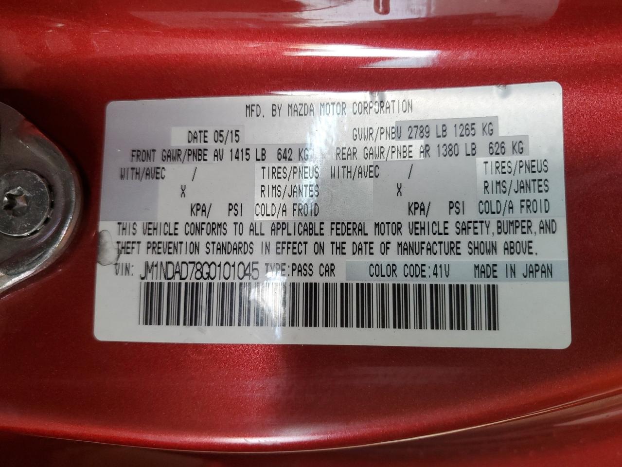 2016 Mazda MX-5 VIN JM1NDAD78G0101045 Copart auction photo, rear end damage thumbnail 13