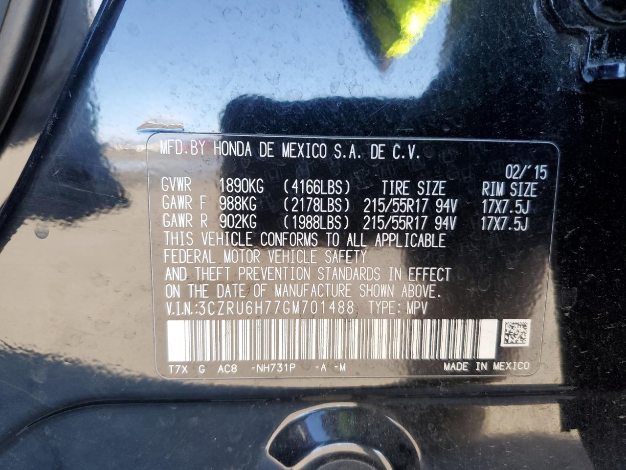 2016 Honda HR-V VIN 3CZRU6H77GM701488 Copart auction photo, front end damage thumbnail 12