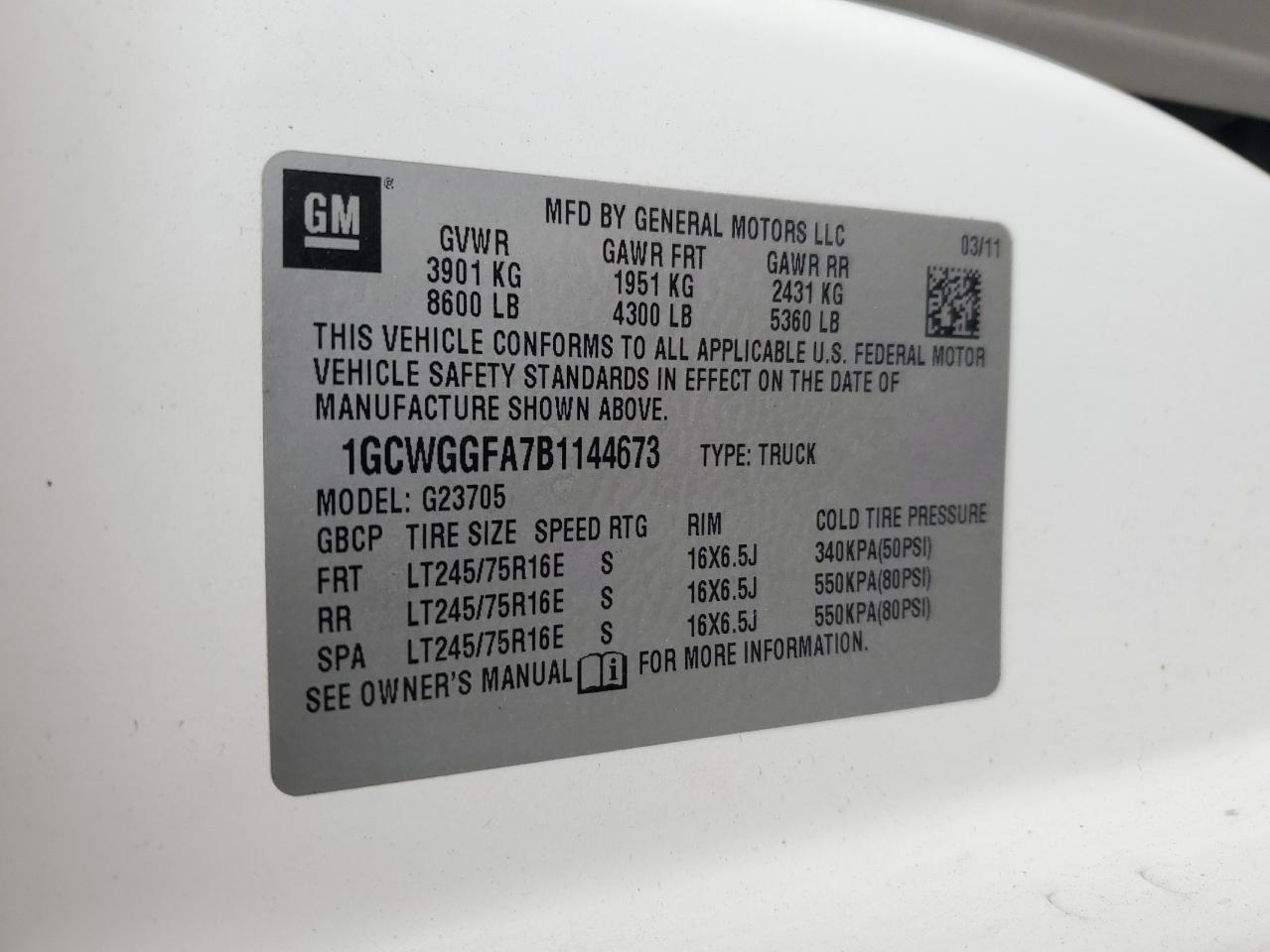 2011 Chevrolet Express VIN 1GCWGGFA7B1144673 Copart auction photo, front end / rear end damage thumbnail 13
