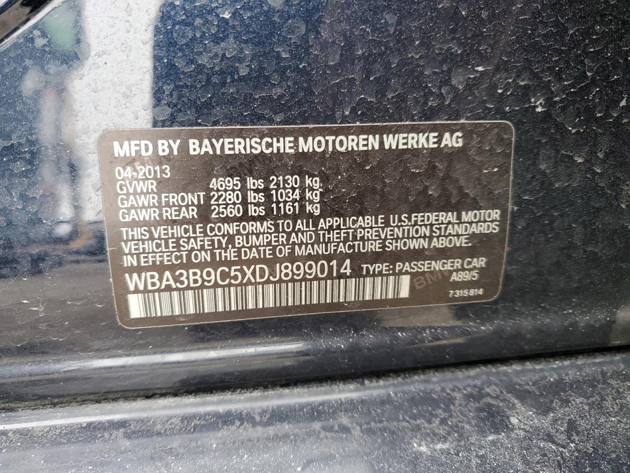 2013 BMW 3er VIN WBA3B9C5XDJ899014 Copart auction photo, side / front end damage thumbnail 14