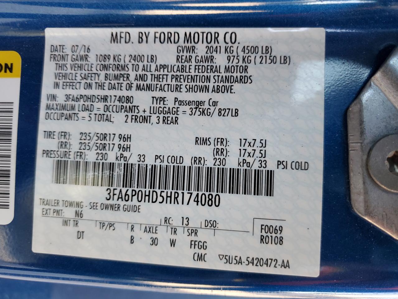 2017 Ford Fusion VIN 3FA6P0HD5HR174080 Copart auction photo, front end / undercarriage damage thumbnail 15