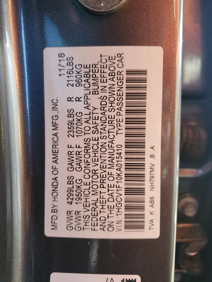 2019 Honda Accord VIN 1HGCV1F10KA015410 Copart auction photo, front end damage thumbnail 12